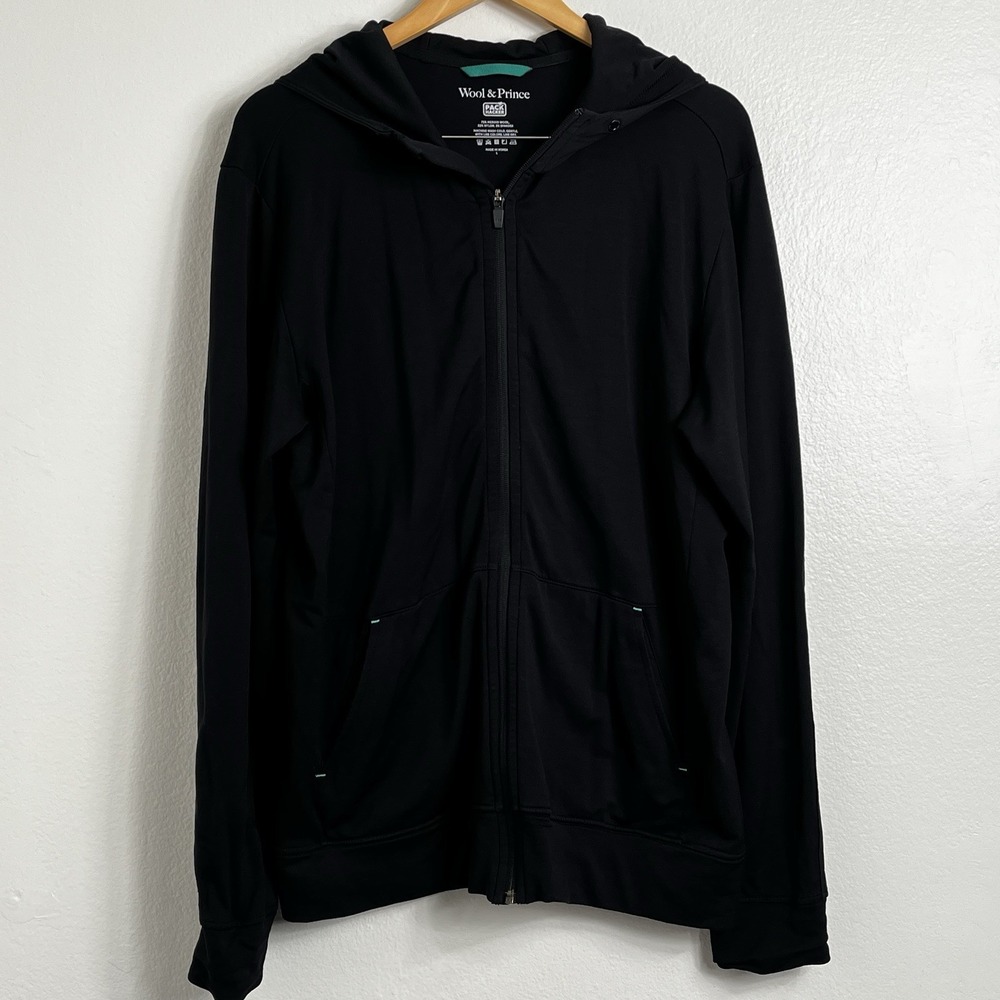 Wool & Prince Pack Hacker Merino Wool Hoodie Black L Travel Zip Up